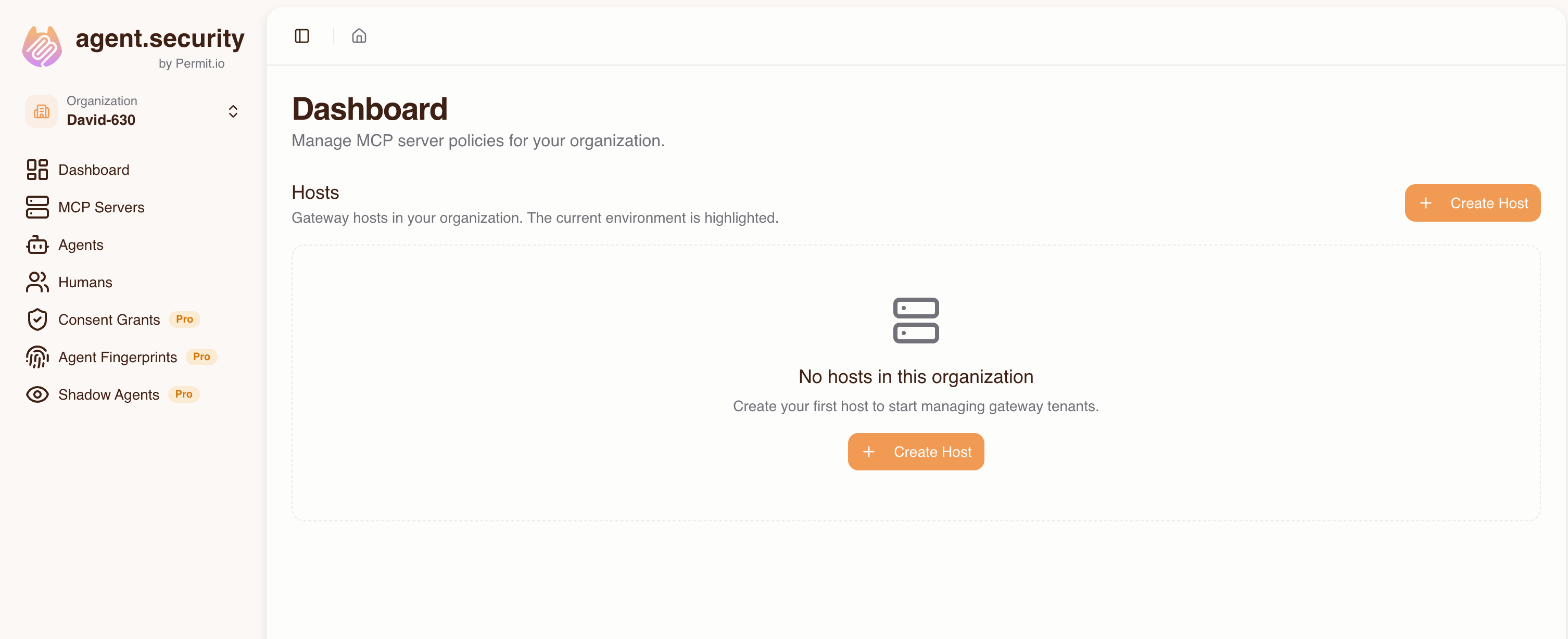 Create Host button in the Dashboard