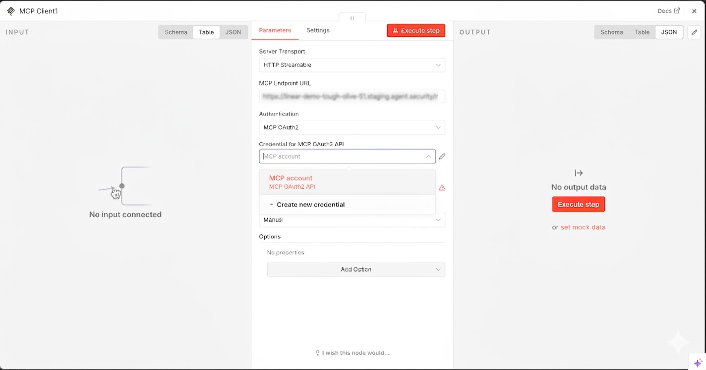 MCP Client configuration with URL and authentication