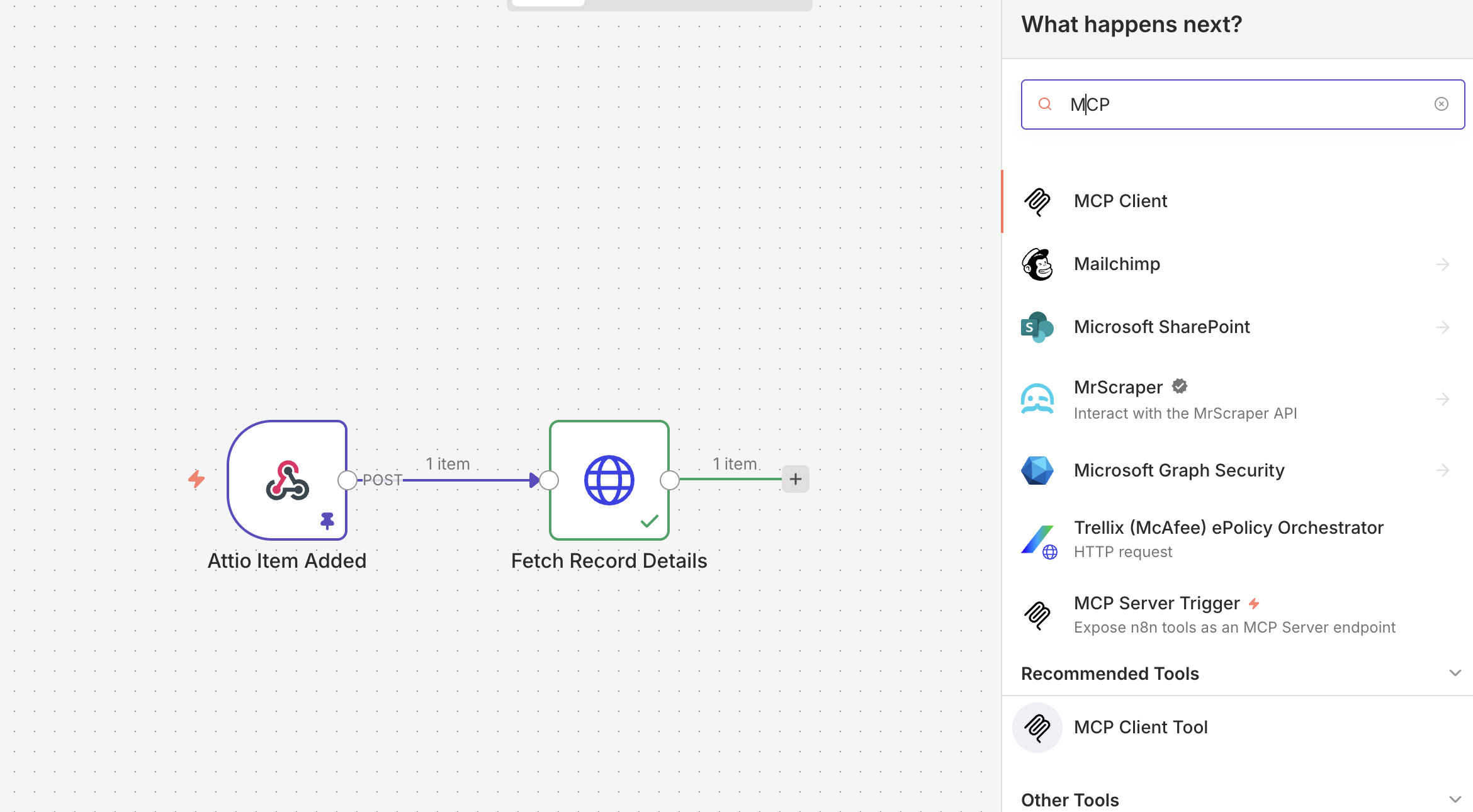 MCP Client in the n8n tool selector