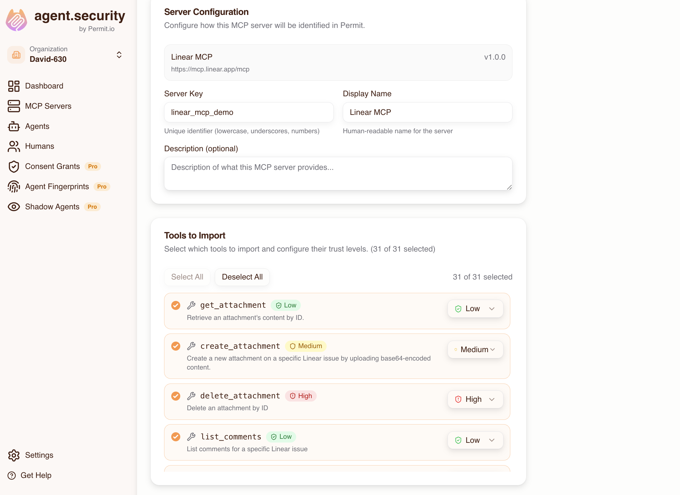 Tool trust level configuration showing list_issues and save_issue